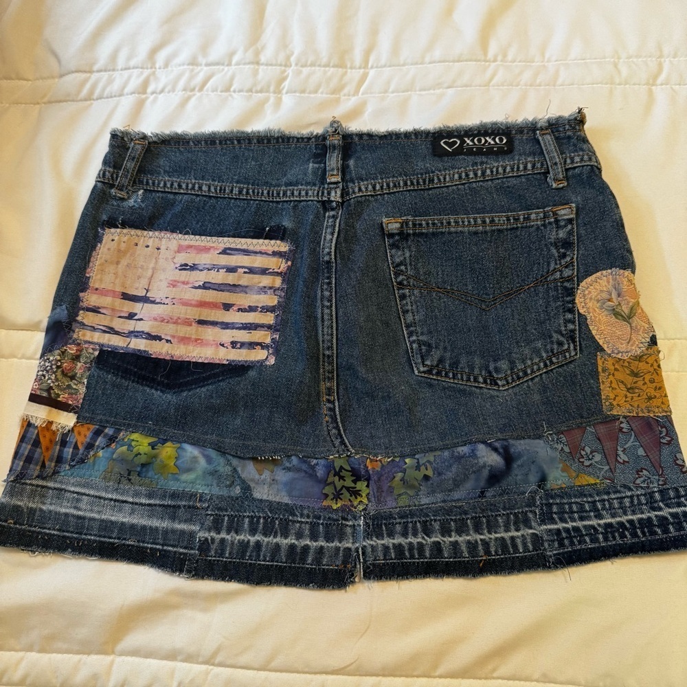 XOXO Boho Upcycled Denim Jean Patchwork Skirt with Vintage 80’s Material Sz 9/10 - Picture 4 of 14